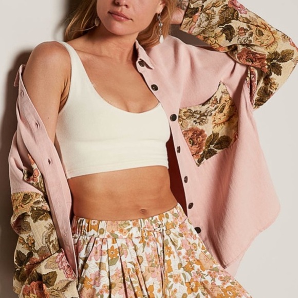 40. POL LAST 1! Shacket Shirt Oversized Pink Jacquard Floral Print Long Sleeve - Picture 2 of 3